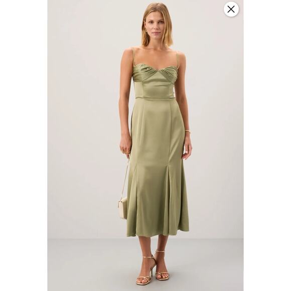 B52 Reformation Hensley Satin Midi Dress Womens 10 Evening Glam Milkmaid Wedding - Picture 1 of 11